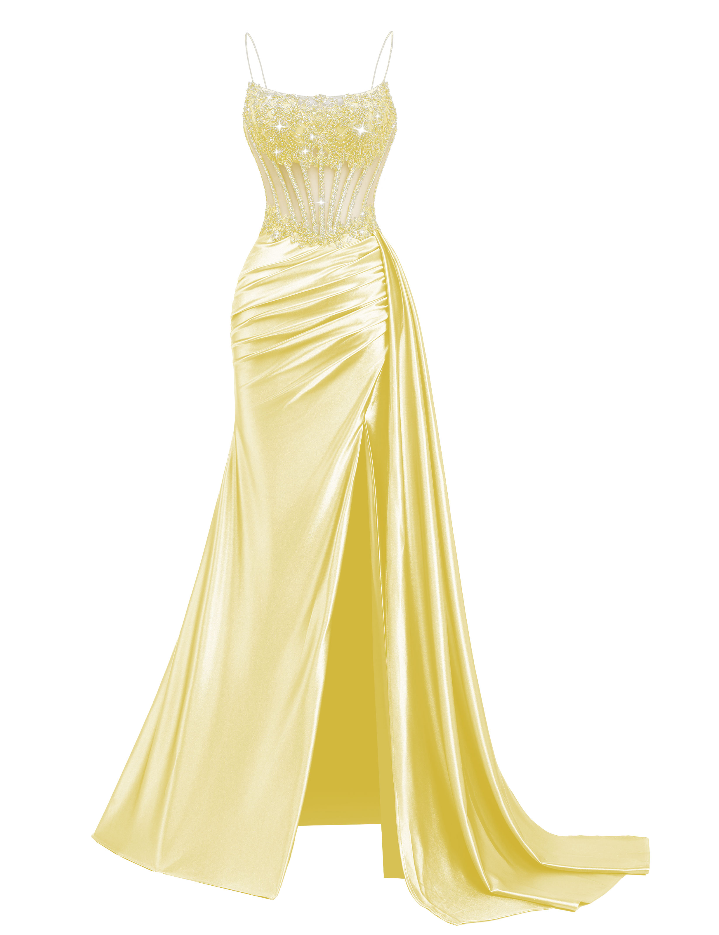 Mermaid Spaghetti Straps Pleated Satin Beaded Slit Prom Dress #PR2510011