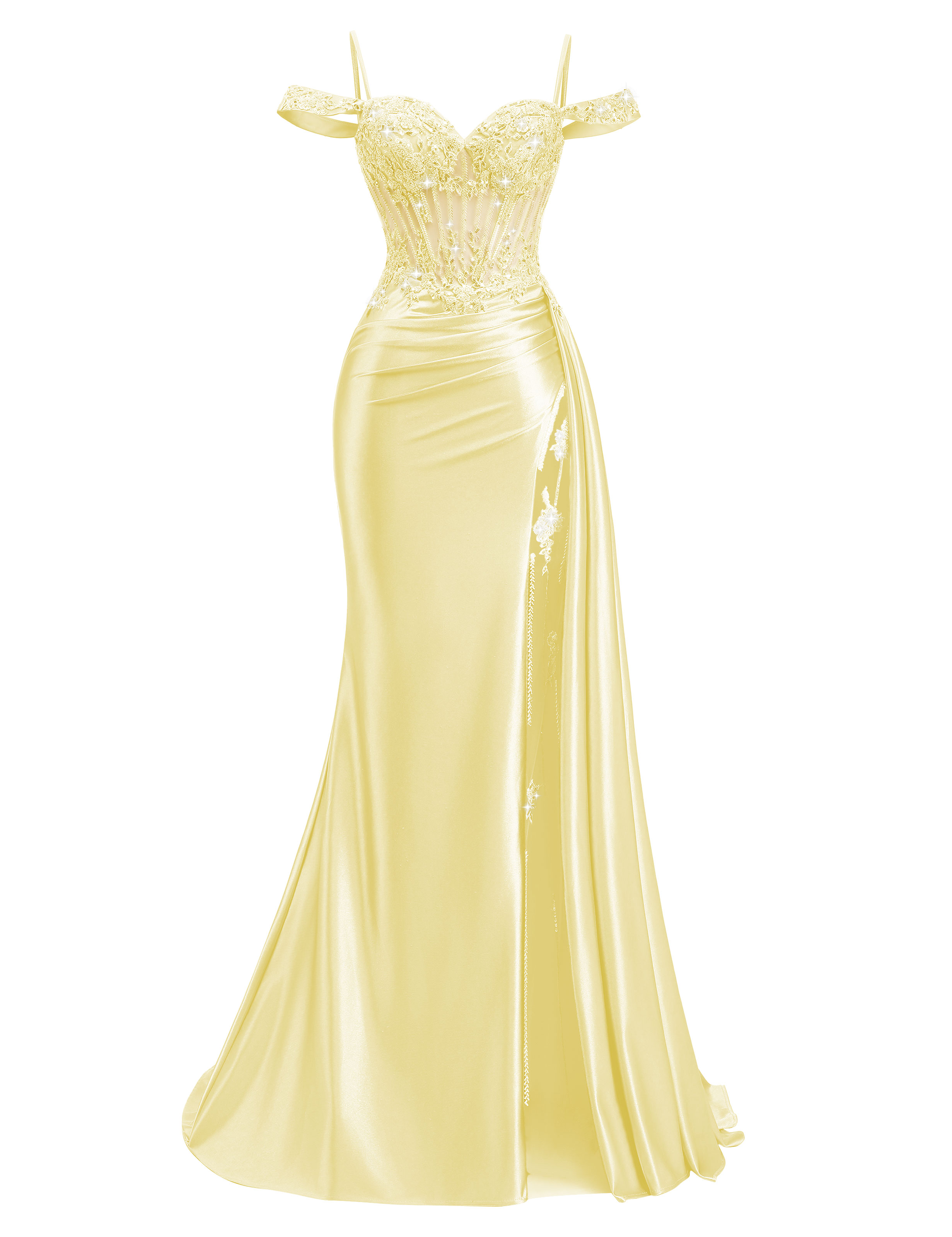 Mermaid Off Shoulder Beaded Sequin Appliques Satin Slit Prom Dress #PR2510009