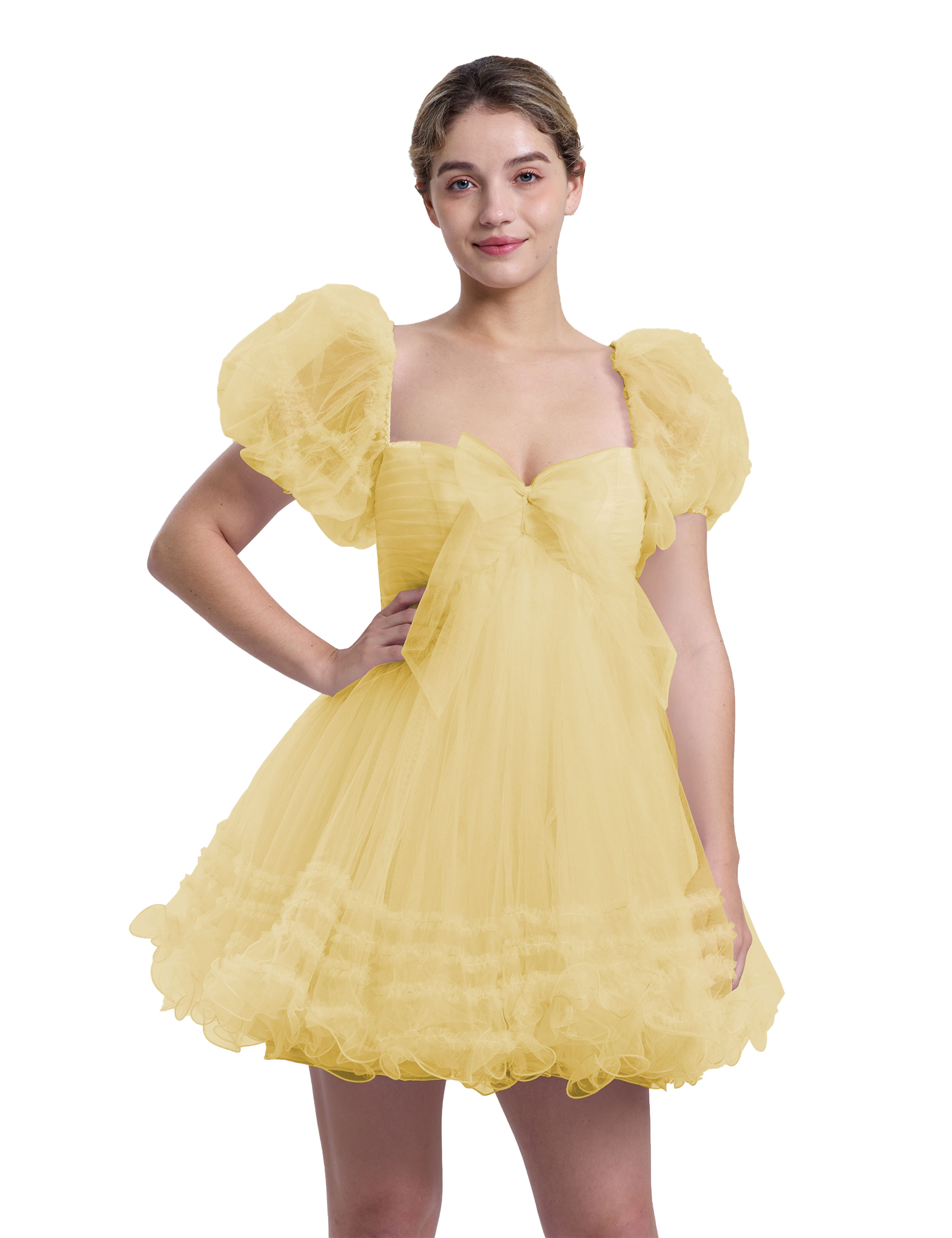 A-line Sweetheart Ruffles Tulle Puffy Sleeves Homecoming Dress #HC2401063