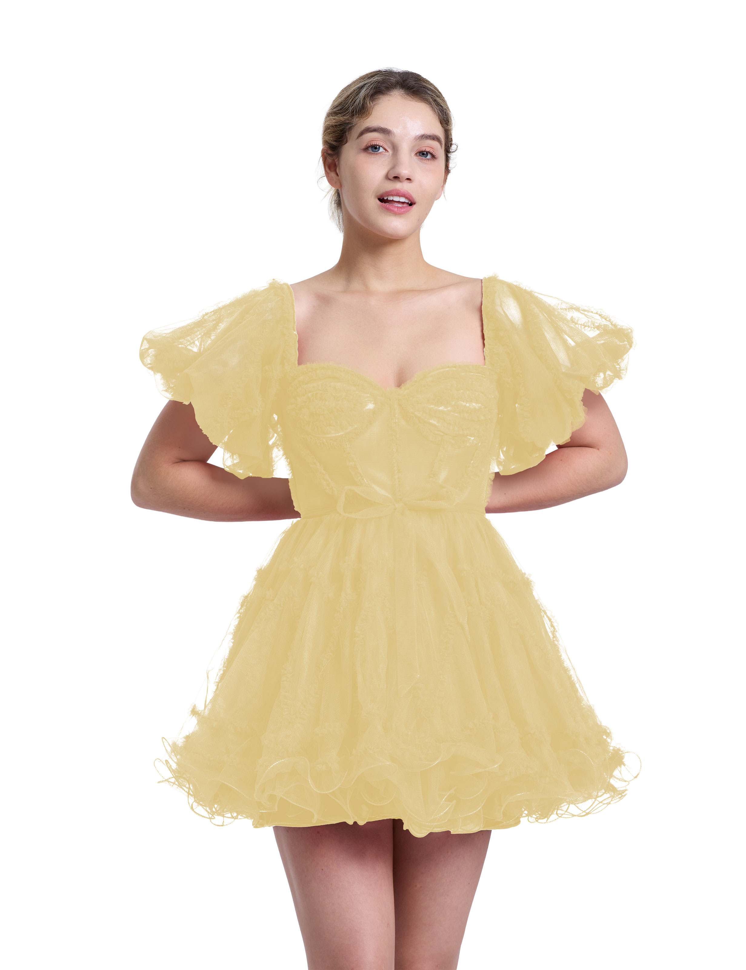 A-line Sweetheart Ruffles Tulle Puffy Sleeves Red Homecoming Dress #HC2401317