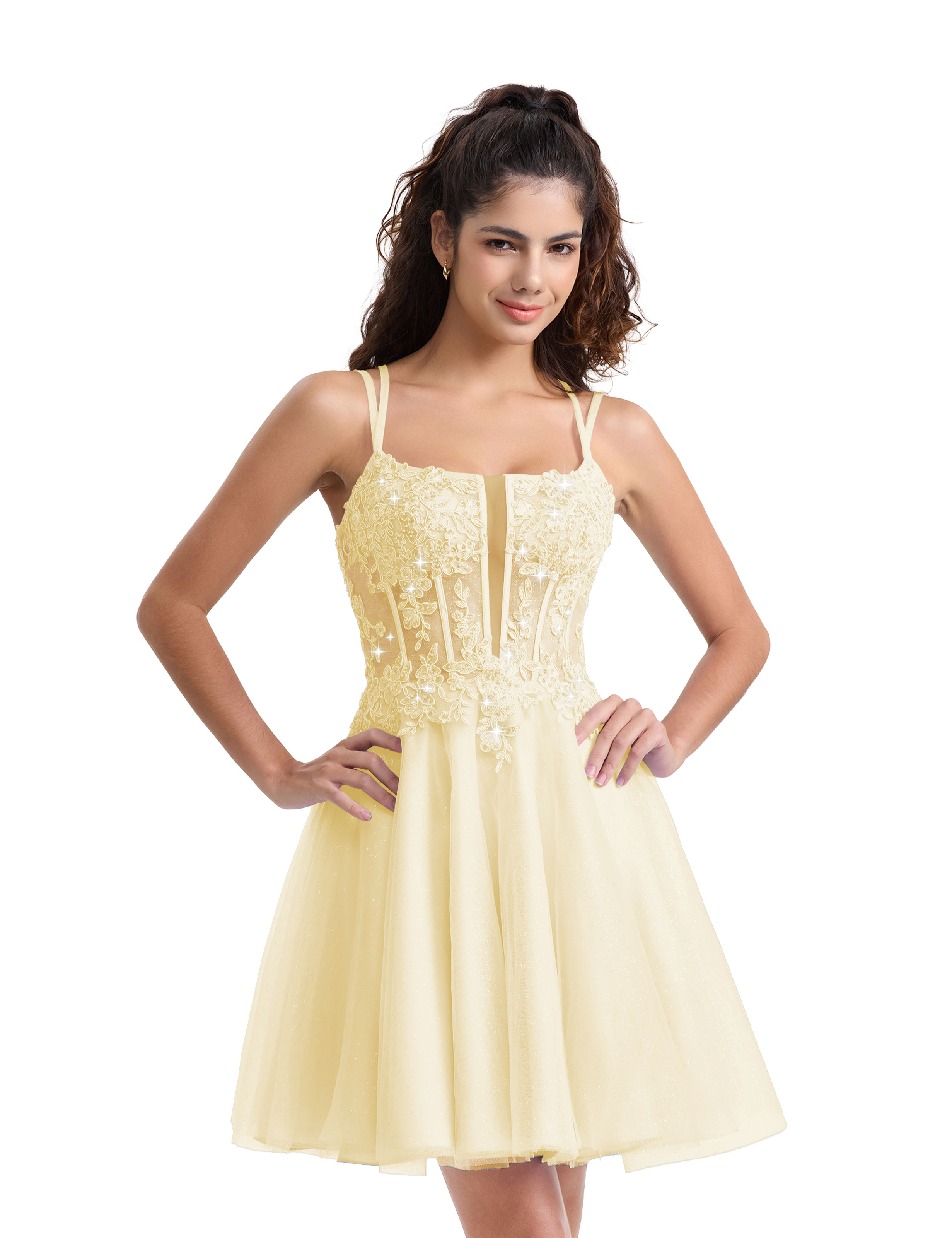 A-line Spaghetti Strap Tulle Lace Appliques Cocktail Homecoming Dress #HC2402129