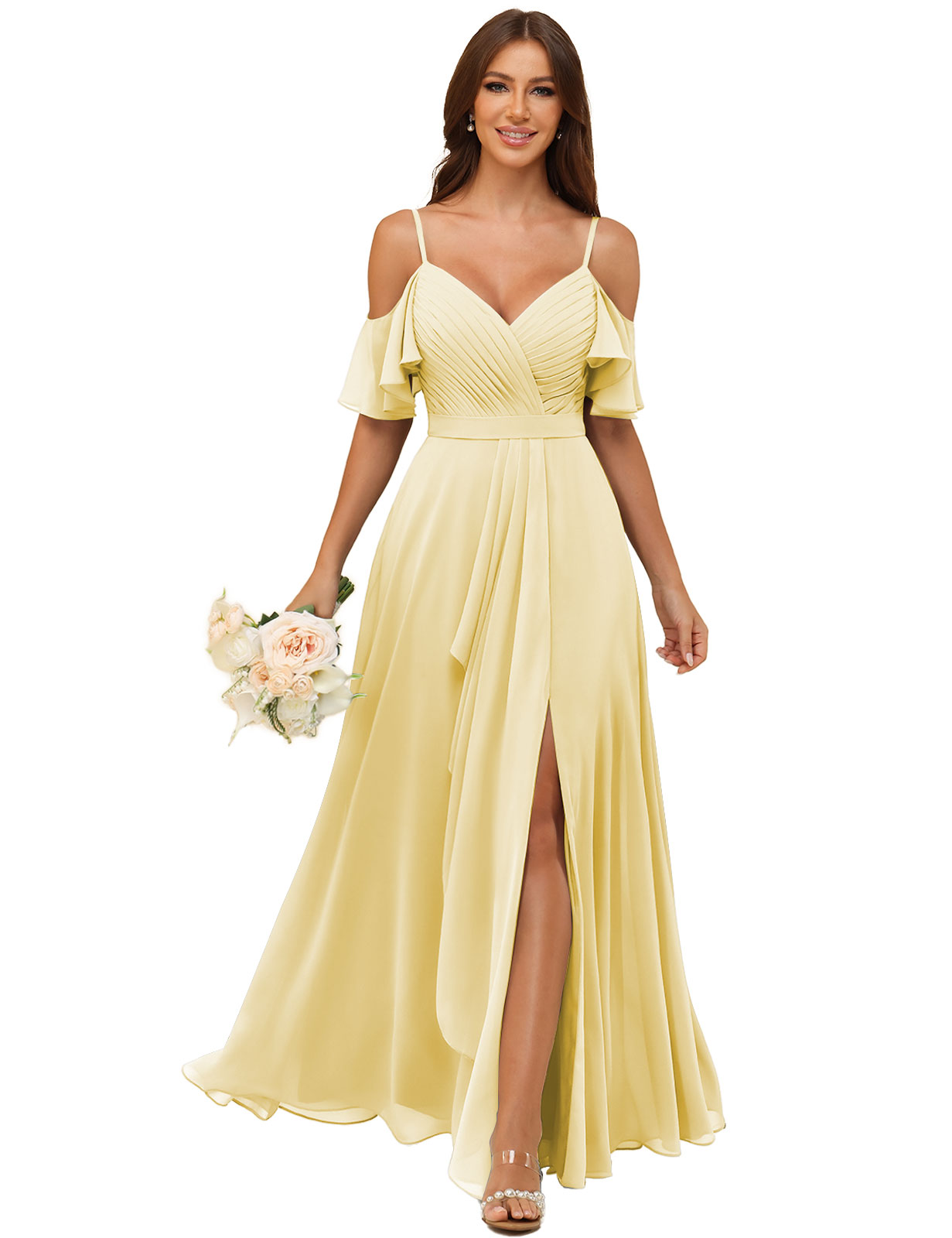 A-line V-neck Spaghetti Straps Chiffon Silt Bridesmaid Dress #BM2507214