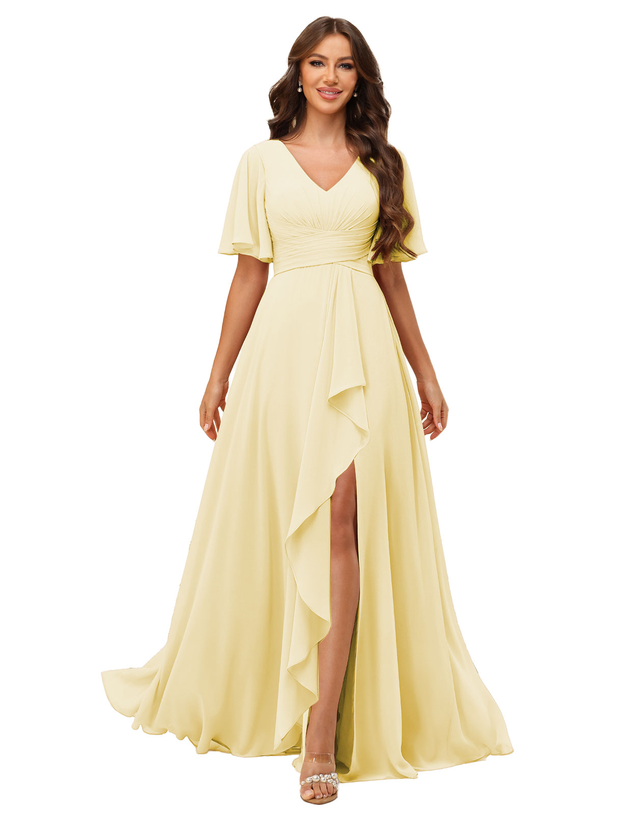 A-line V-neck Short Sleeves Chiffon Silt Bridesmaid Dress #BM2507137