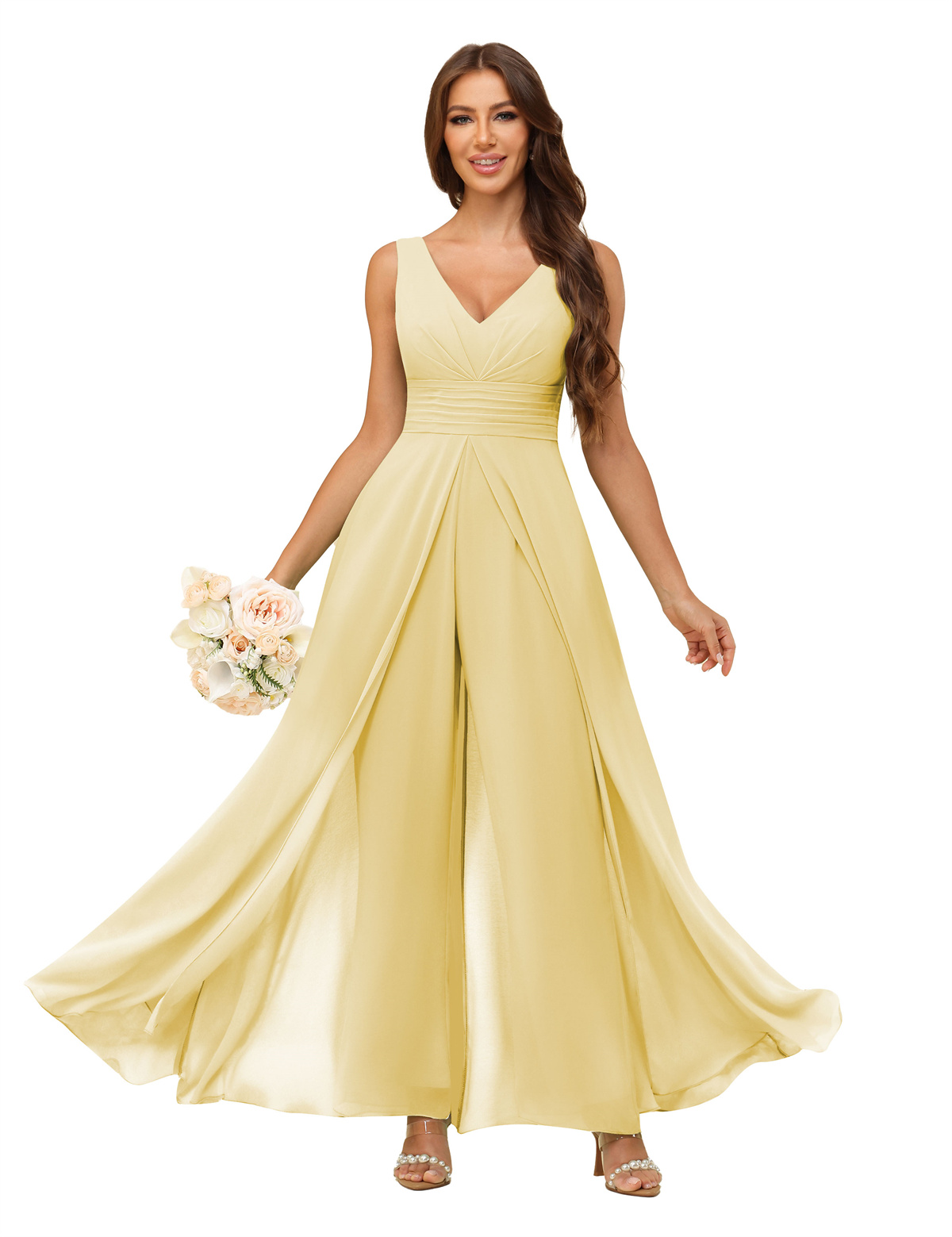 A-line V-neck Chiffon Straps V-back Bridesmaid Dress #PR2507216
