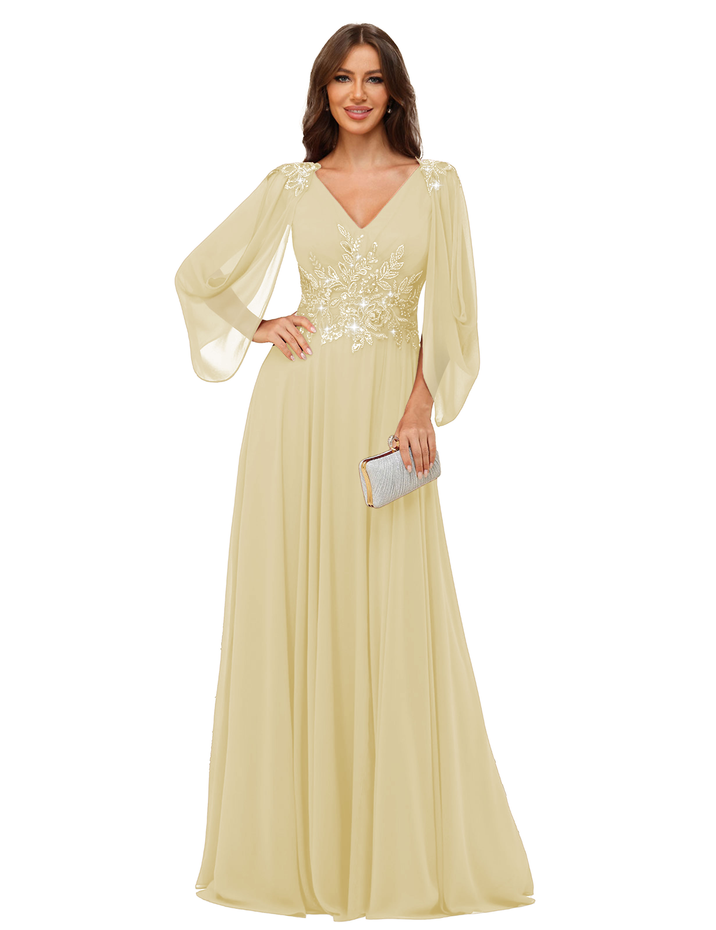A-line V-neck Chiffon V-back Long Sleeves Mother of The Bride Dress #BM2501034