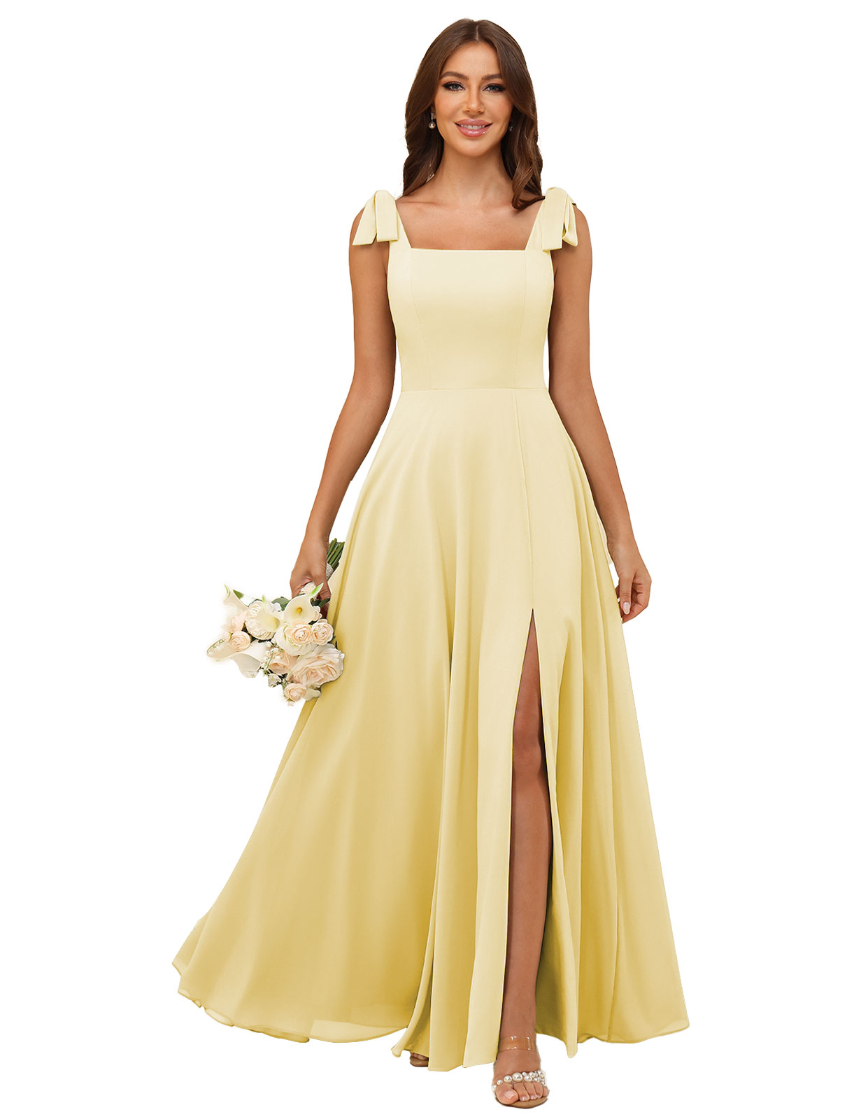A-line Square Straps Chiffon Silt Bridesmaid Dress #BM2507222