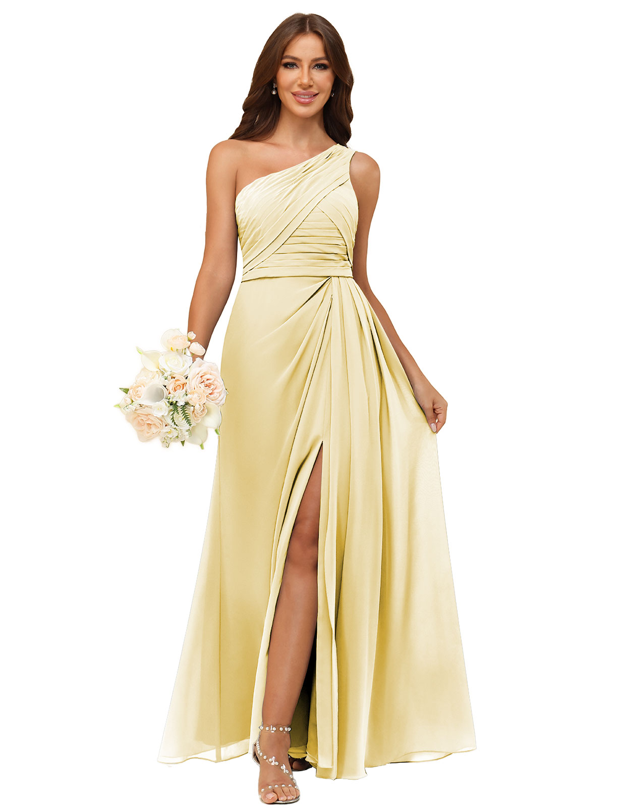 A-line One Shoulder Chiffon Silt Back Zip Bridesmaid Dress #BM2504122