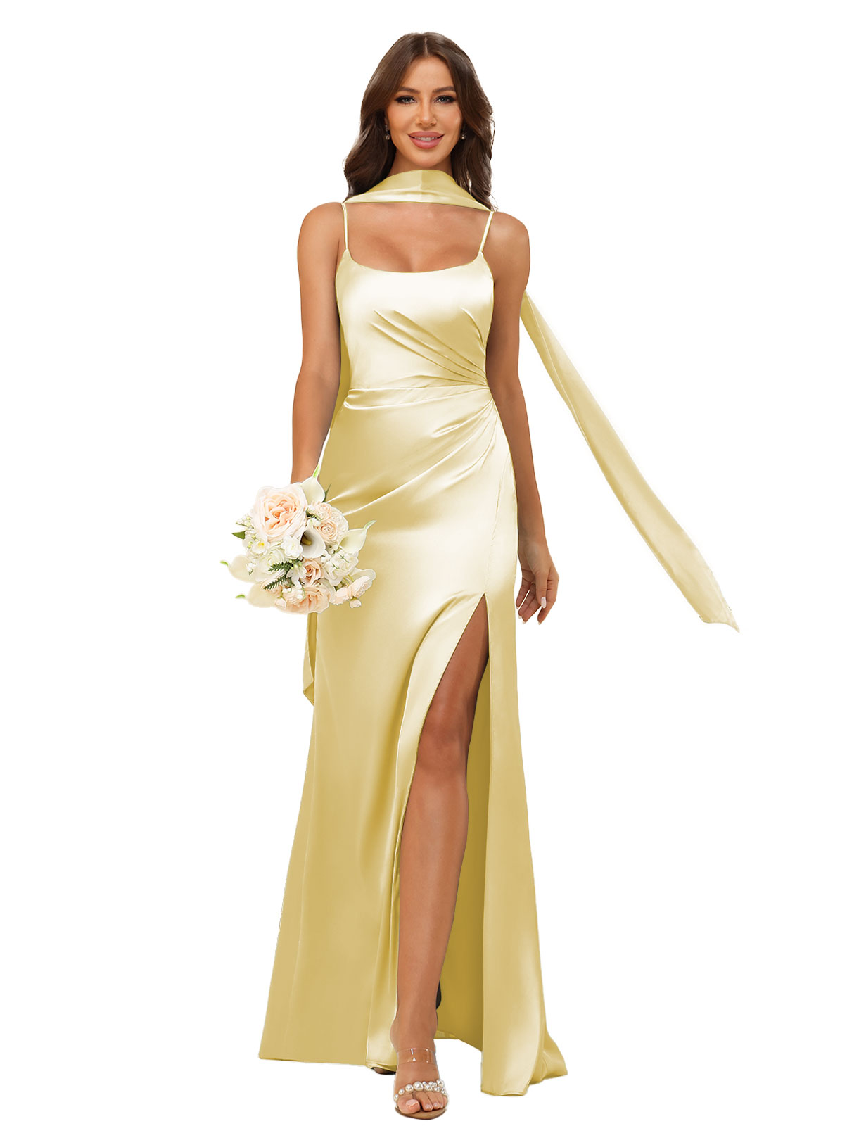 Mermaid U-neck Spaghetti Straps Satin Silt Bridesmaid Dress #BM2507145