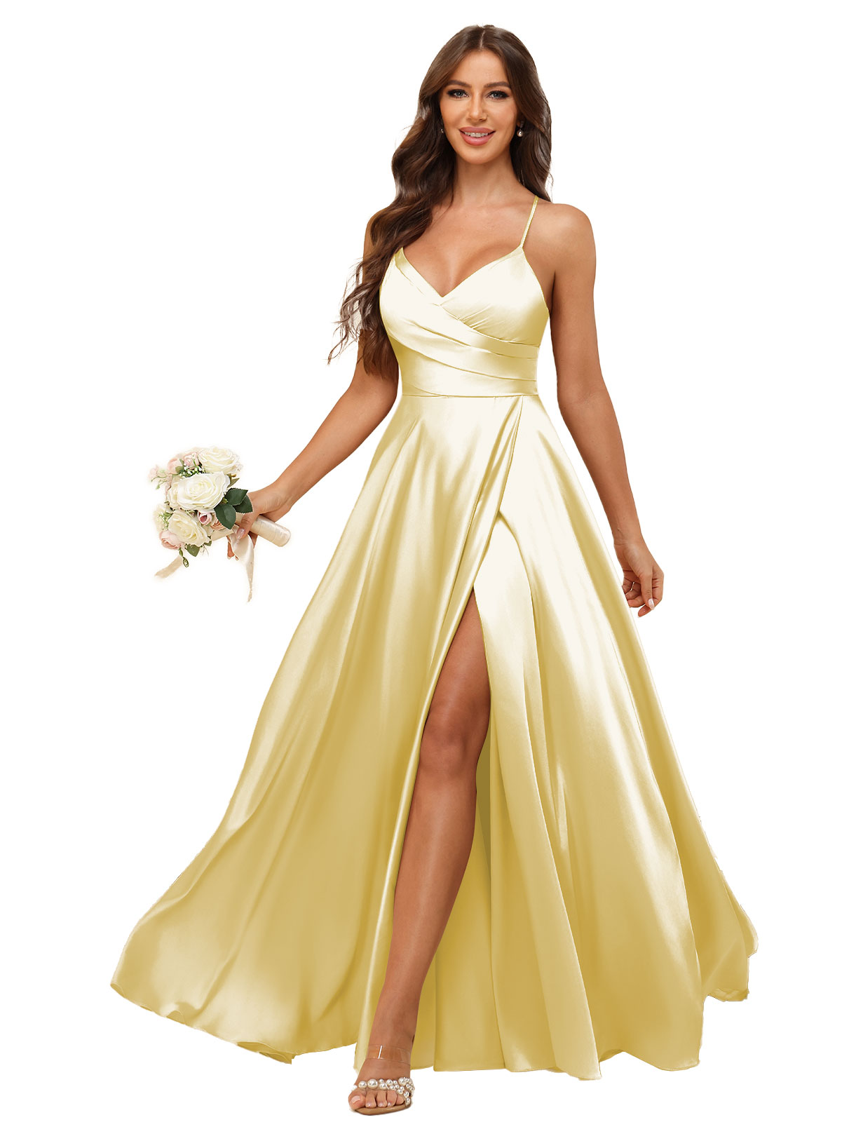 A-line V-neck Spaghetti Straps Satin Silt Bridesmaid Dress #BM2507218