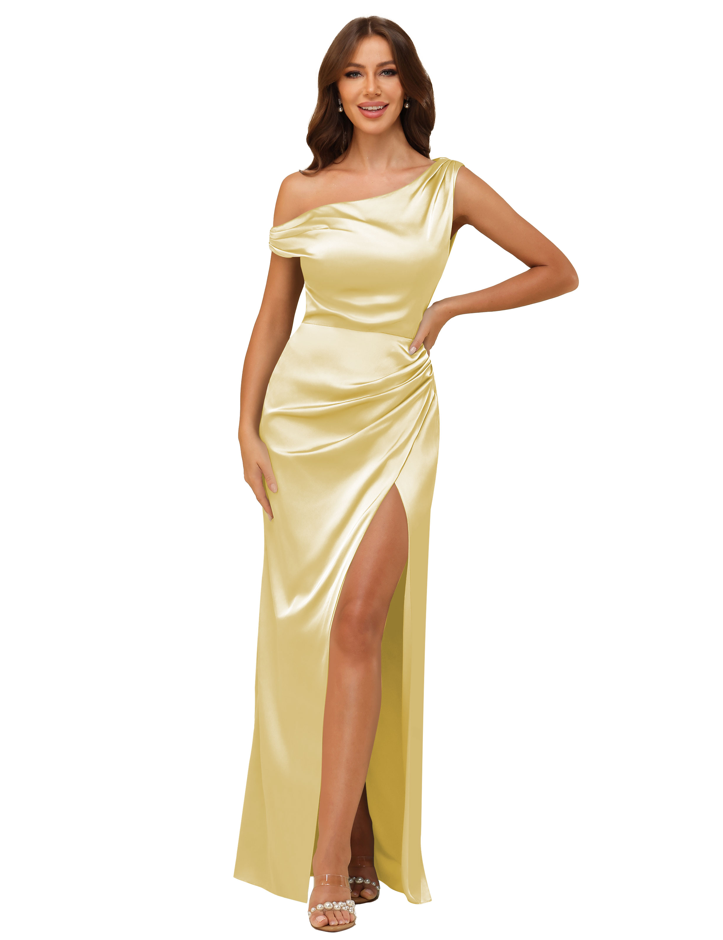 Sheath One Shoulder Satin Silt Side Zip Bridesmaid Dress #BM2507059