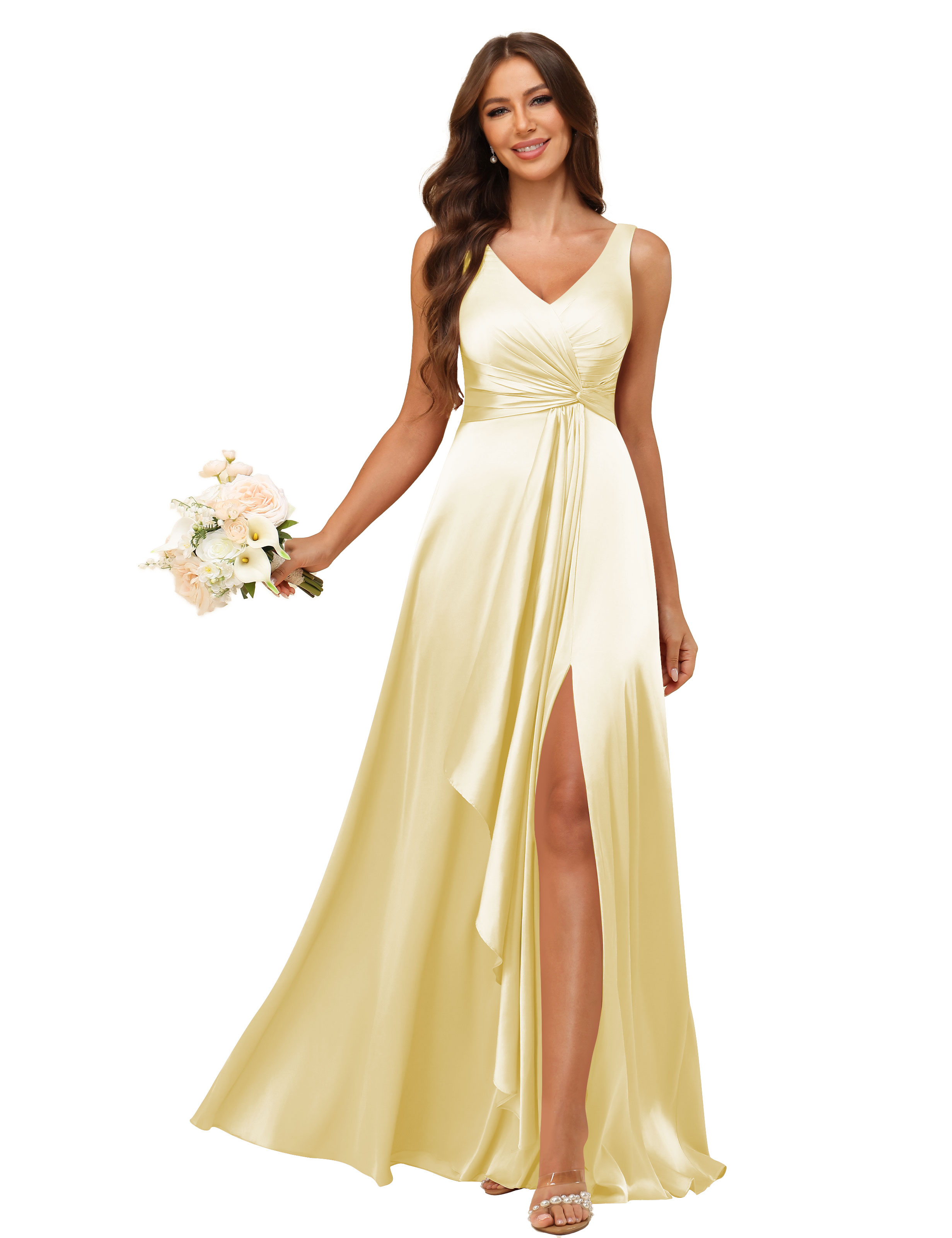 A-line V-neck Straps Satin Silt Lace Up Bridesmaid Dress #BM2507147