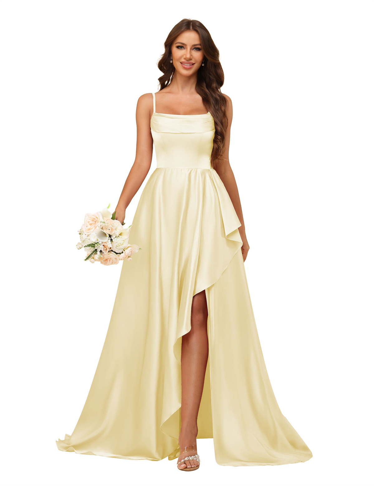 A-line U-neck Spaghetti Straps Satin Silt Bridesmaid Dress #BM2507213