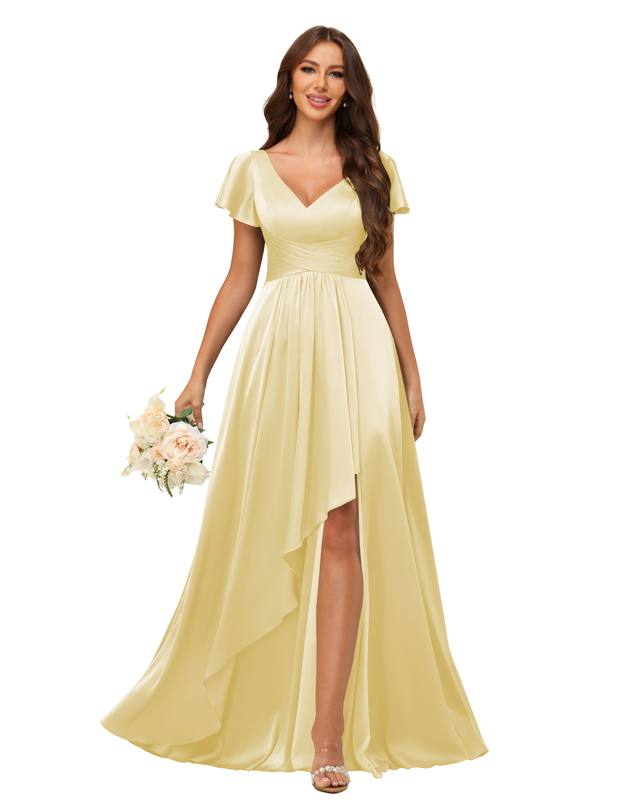 A-line V-neck Short Sleeves Satin Silt Bridesmaid Dress #BM2508022