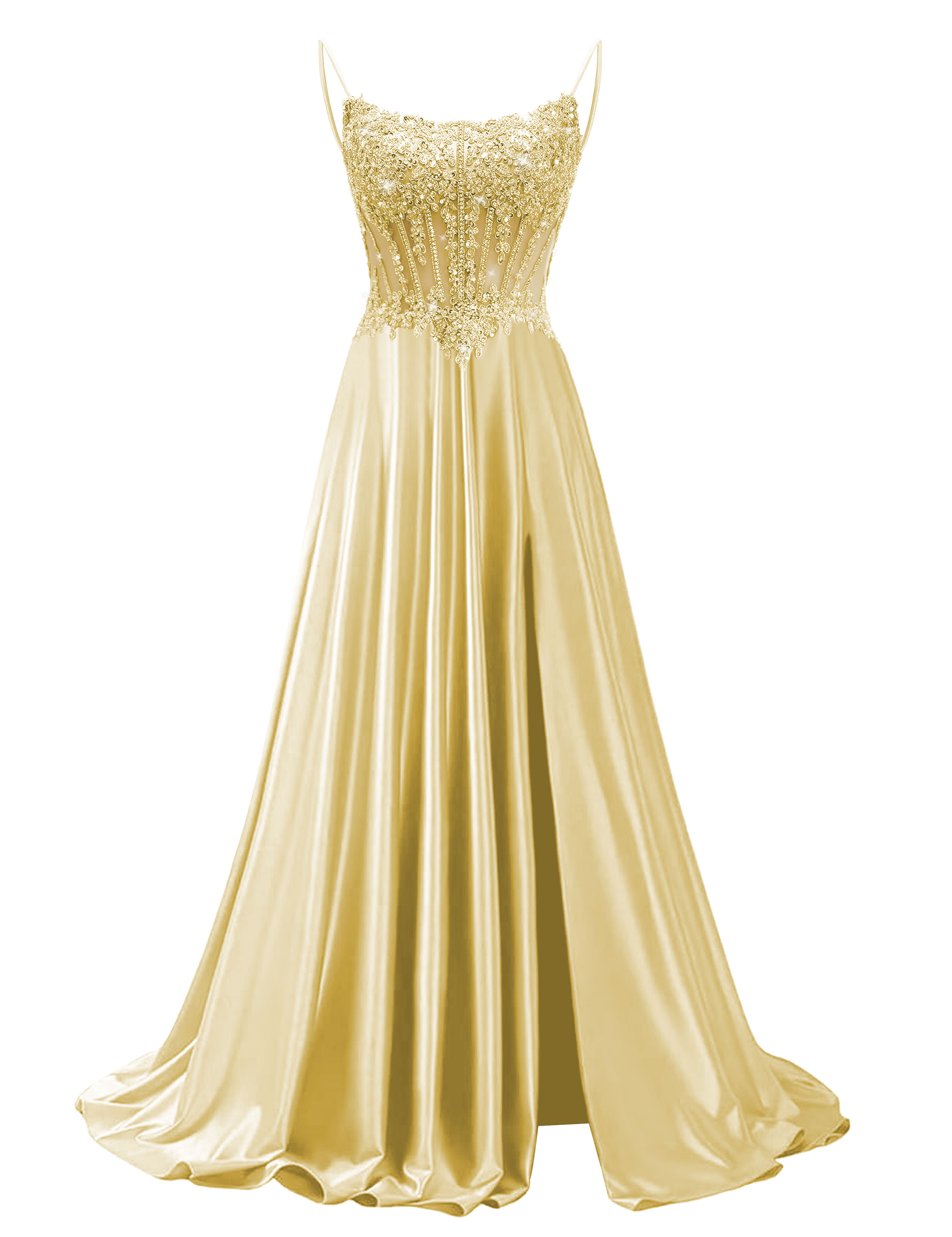 Mermaid Spaghetti Straps Satin Beaded Sequin Pleated Slit Prom Dress #PR2510011