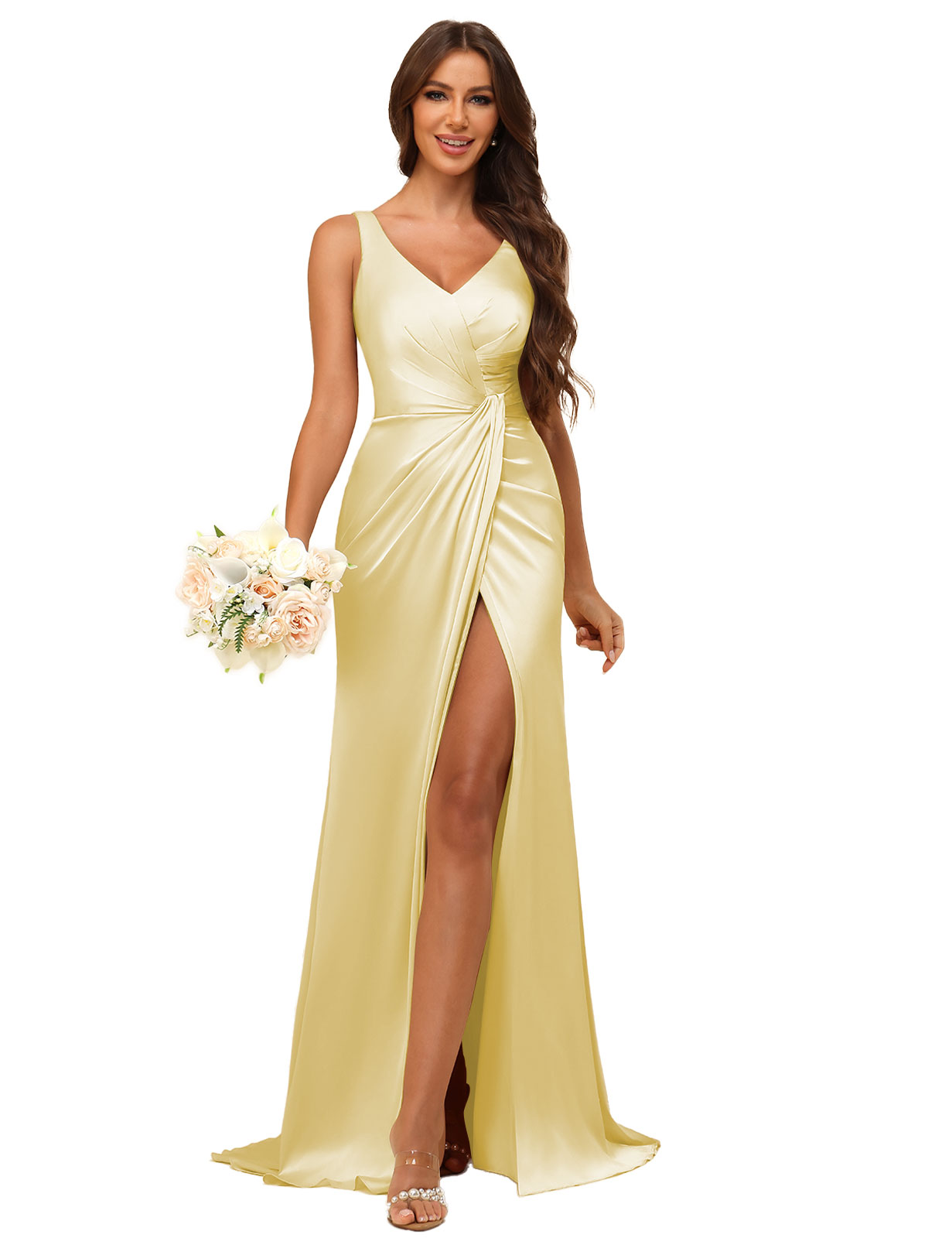 Mermaid V-neck Straps Satin Silt Bridesmaid Dress #BM2507144
