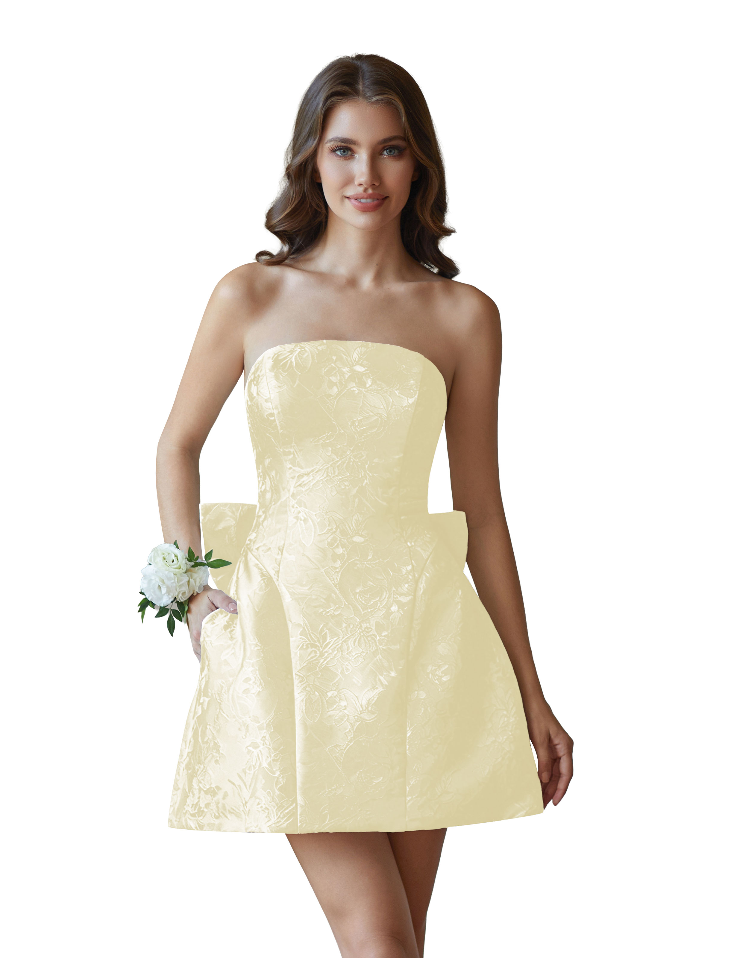 Jacquard Satin Mini Short Party Cocktail Prom Homecoming Dress with Bow Back #HC2401770