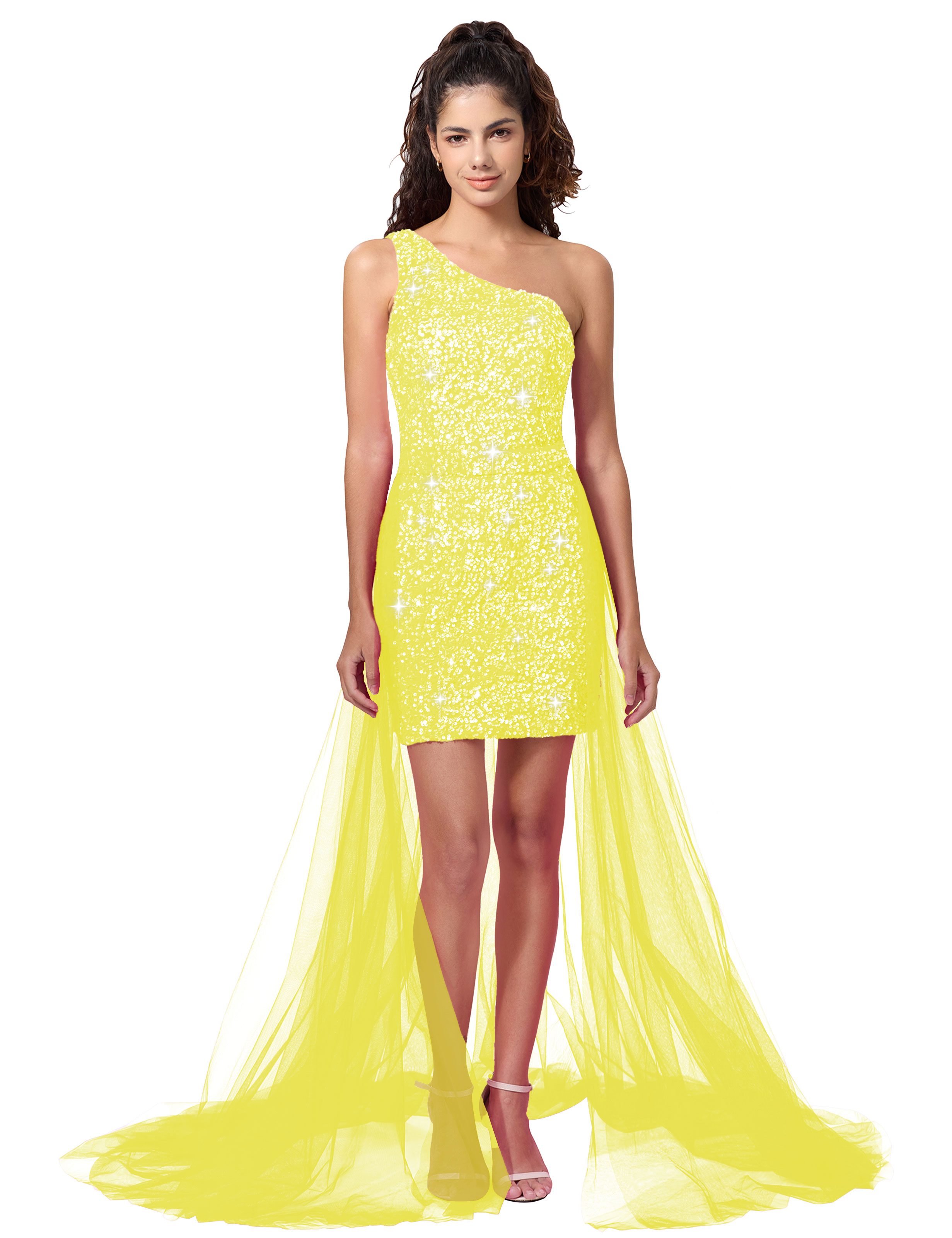 Sparkly One Shoulder Sequin Detachable Waist Cape Homecoming Dress #HC2402126