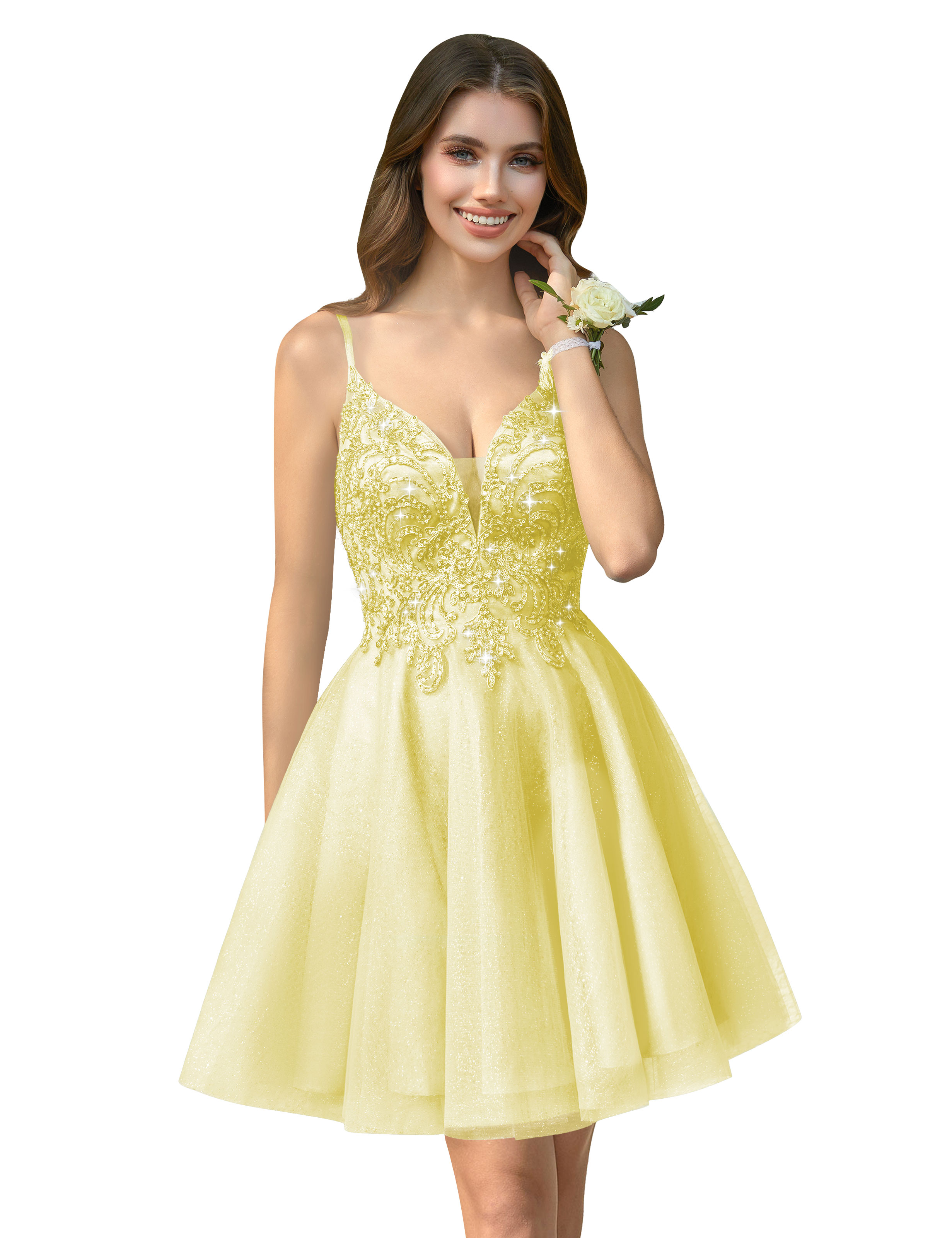 A-line V-neck Spaghetti Strap Sparkly Beaded Tulle Homecoming Dress #HC2401940
