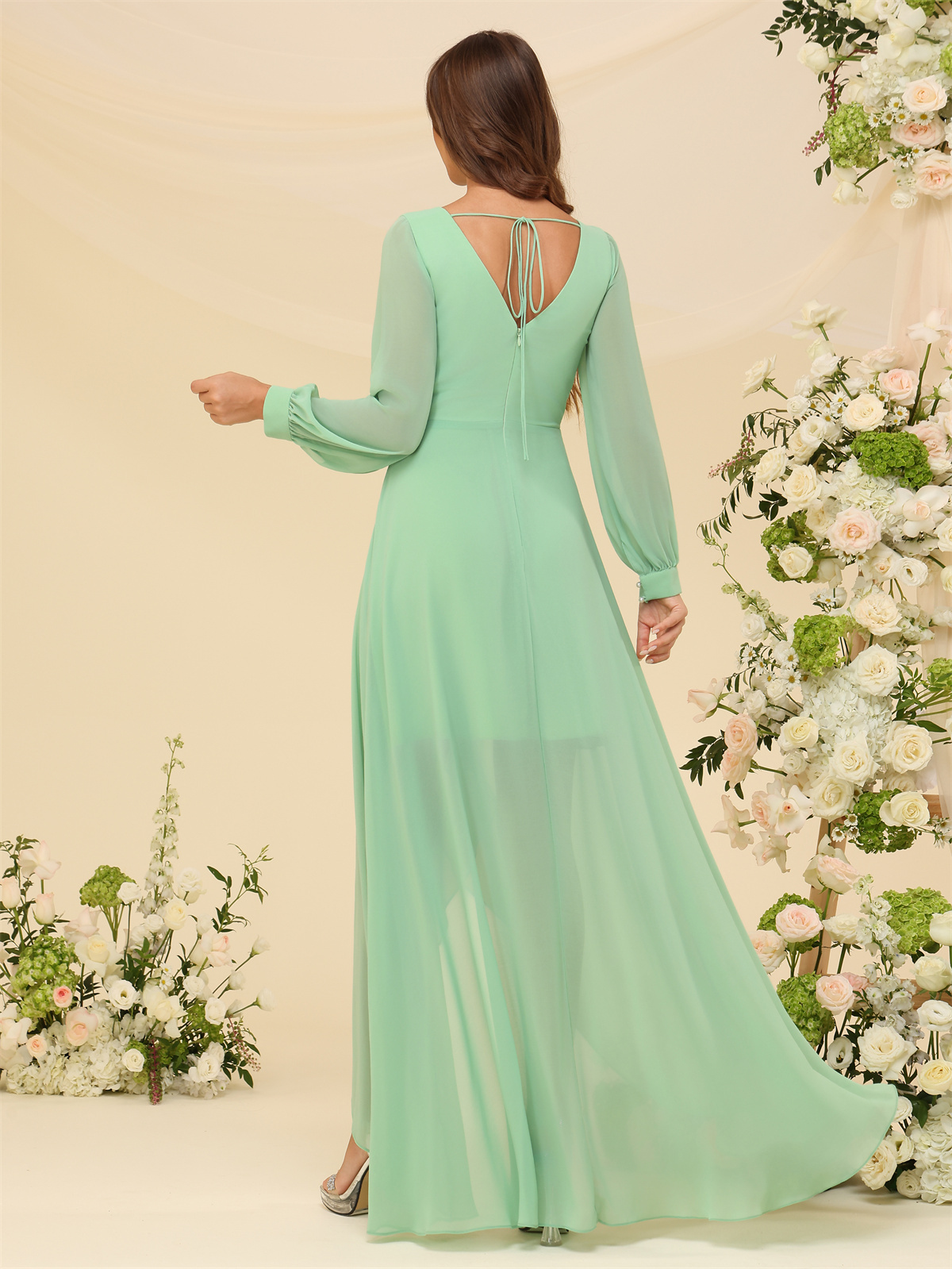 A-line Deep V-neck Chiffon Long Sleeves Bridesmaid Dress #BM2507136