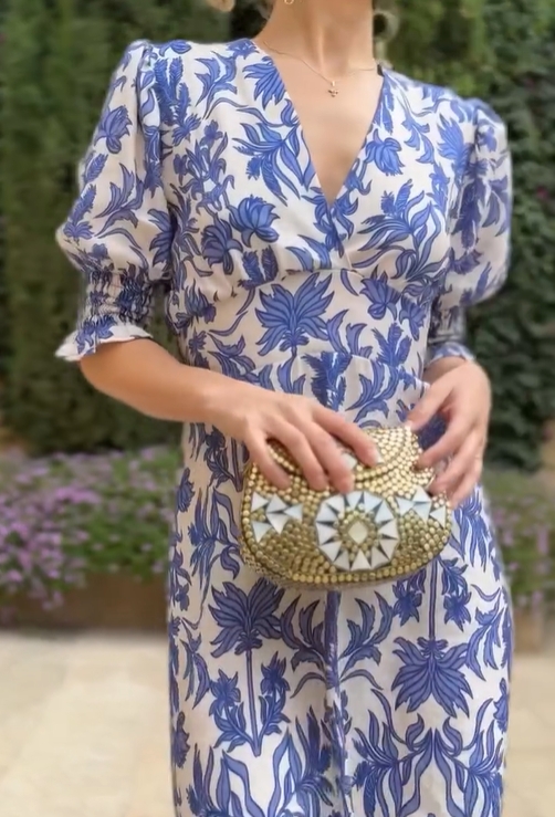 Floral Pattern V-Neck Puff Sleeve Midi Dress