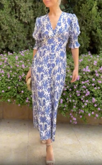 Floral Pattern V-Neck Puff Sleeve Midi Dress