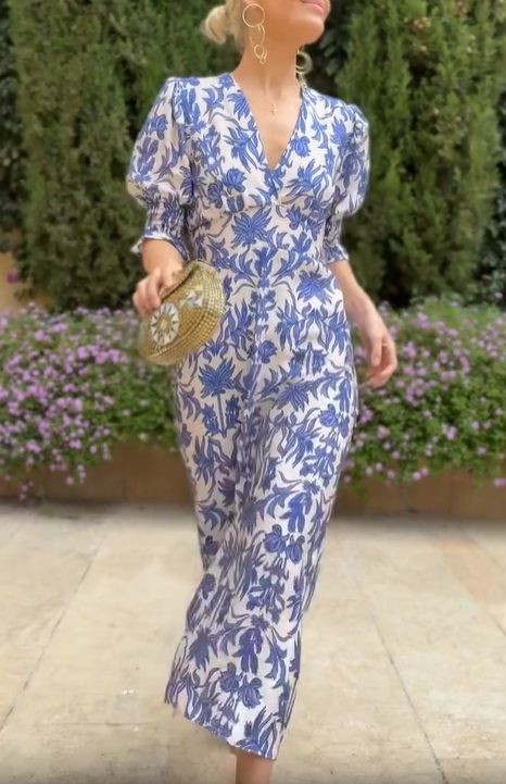 Floral Pattern V-Neck Puff Sleeve Midi Dress