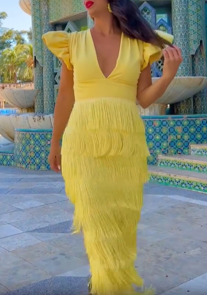 Ruffled Fringe V-Neck Midi Dress