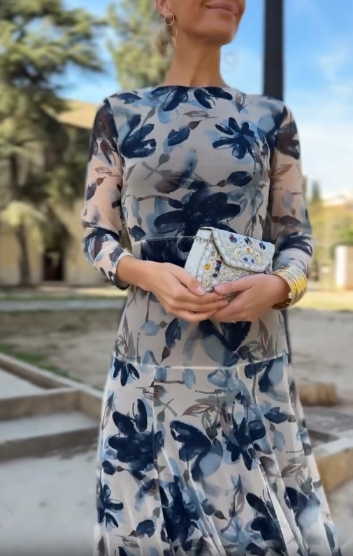 Floral Mesh Long Sleeve Flowy Dress