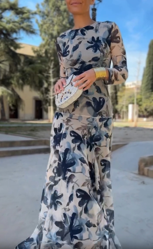 Floral Mesh Long Sleeve Flowy Dress