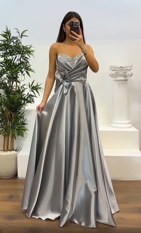 Strapless Satin Gown with Crystal Bodice and Bow Detail