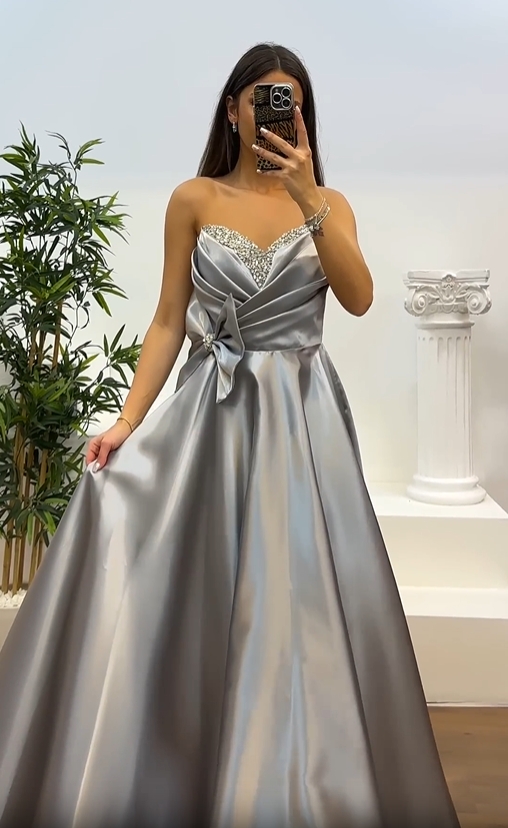 Strapless Satin Gown with Crystal Bodice and Bow Detail