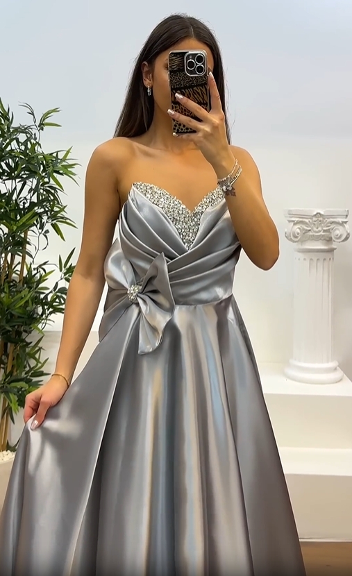 Strapless Satin Gown with Crystal Bodice and Bow Detail