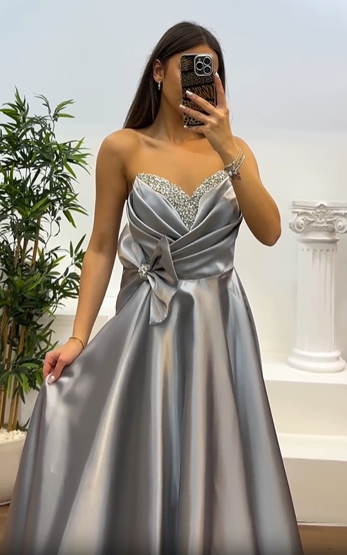 Strapless Satin Gown with Crystal Bodice and Bow Detail