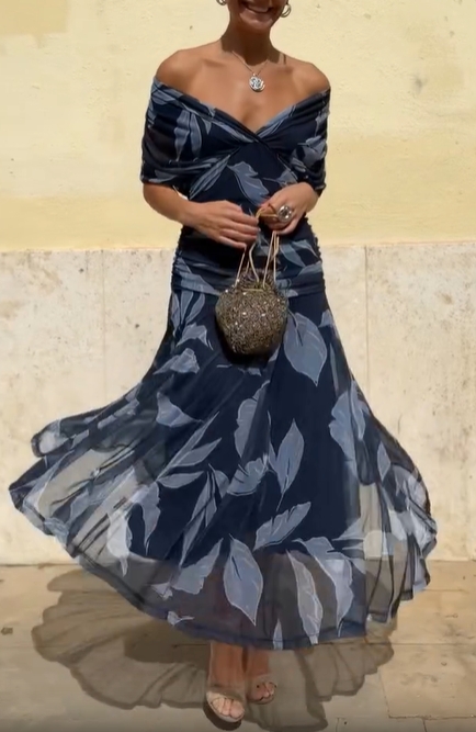 Midnight Bloom Off-Shoulder Dress