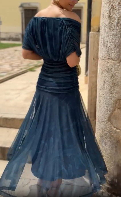 Deep Sea Whispers Off-Shoulder Dress