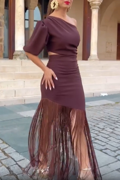 Chocolate One-Shoulder Fringe Midi Dress