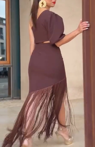 Chocolate One-Shoulder Fringe Midi Dress