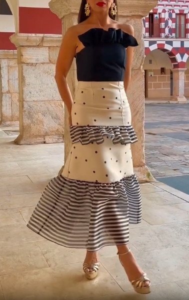 Polka Dot & Stripe Ruffle Panel Strapless Dress