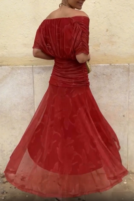 Flowing Off-the-Shoulder Dress with Pleats