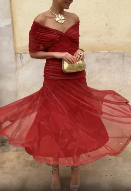 Flowing Off-the-Shoulder Dress with Pleats