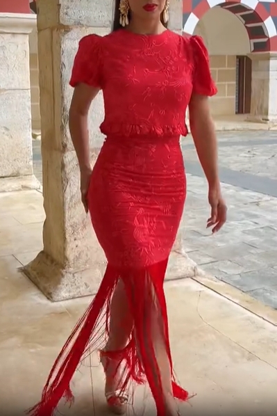 Embroidered Fringe Skirt Set