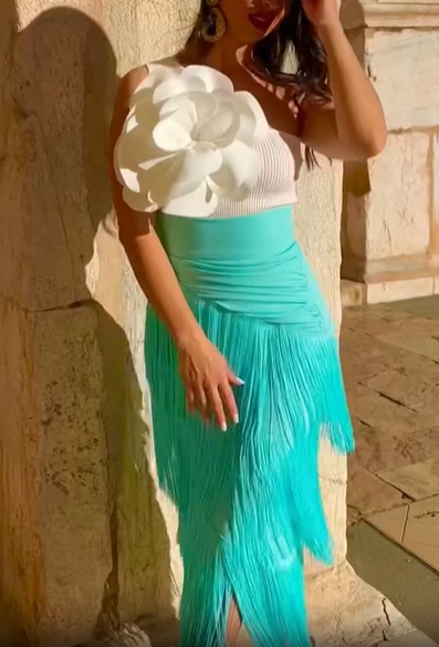 White Top & Mint Fringe Skirt Set