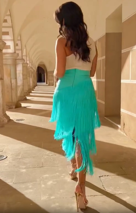 White Top & Mint Fringe Skirt Set