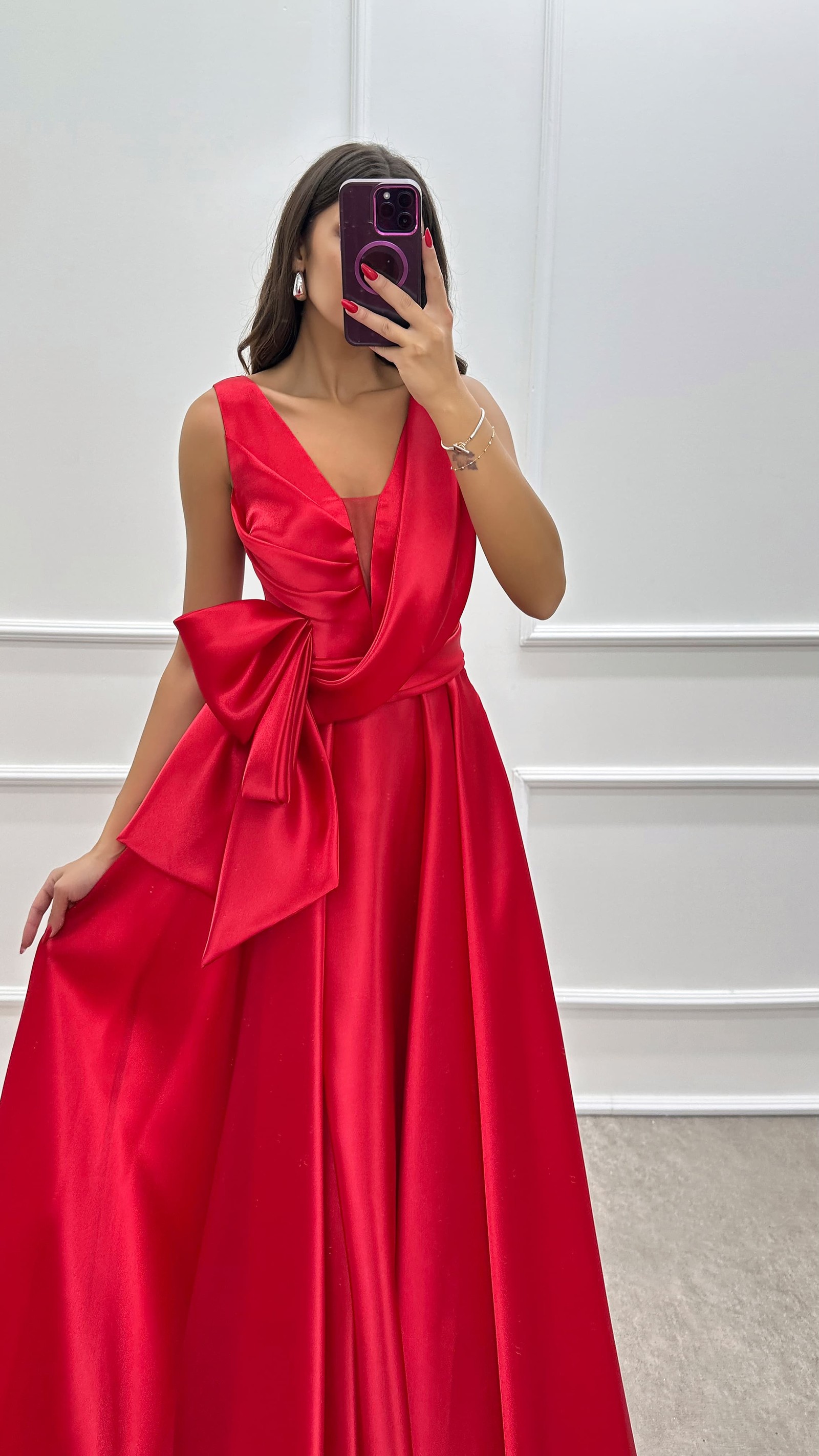 CHEST ASYMMETRICAL CUT WAIST DETAIL SATIN DRESS
