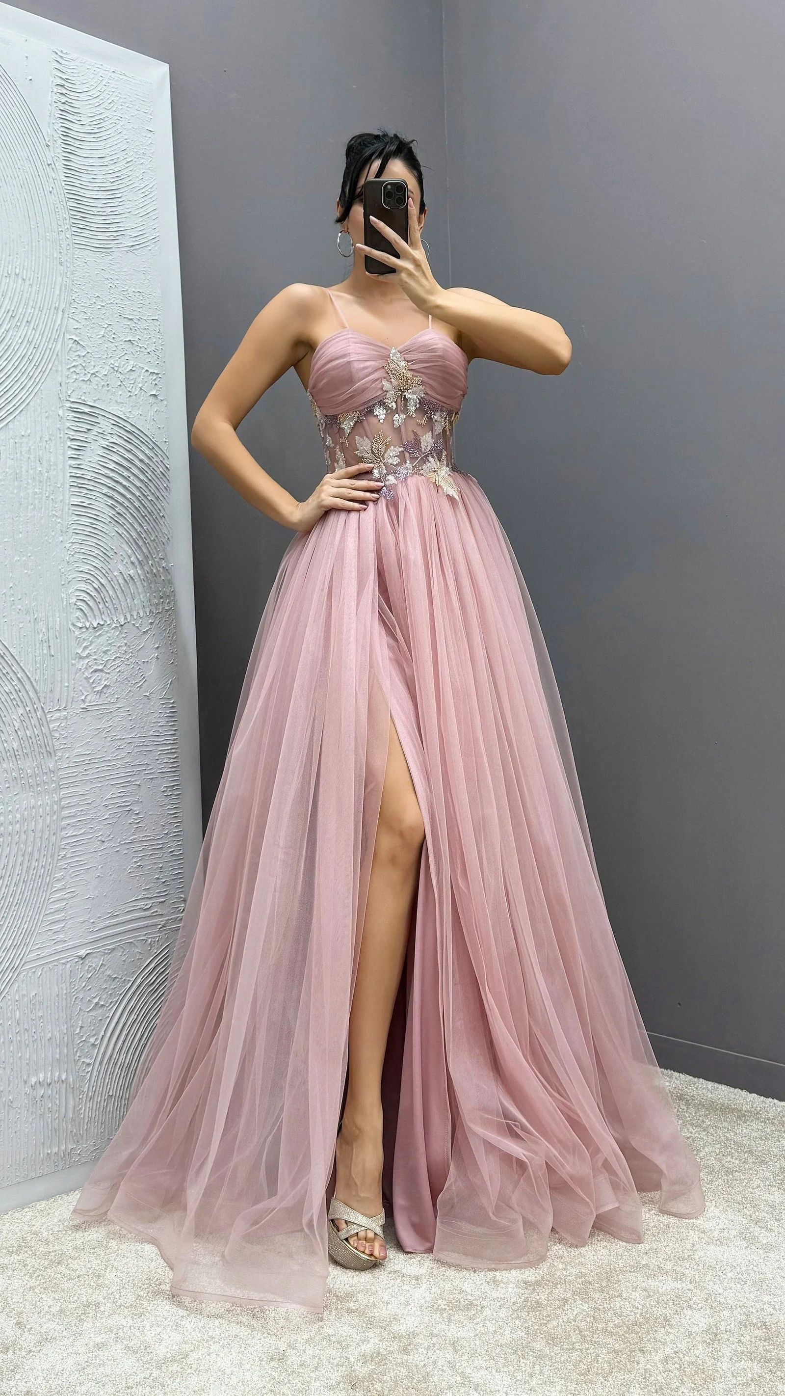 Rope Strap Waist Detail Transparent Tulle Evening Dress