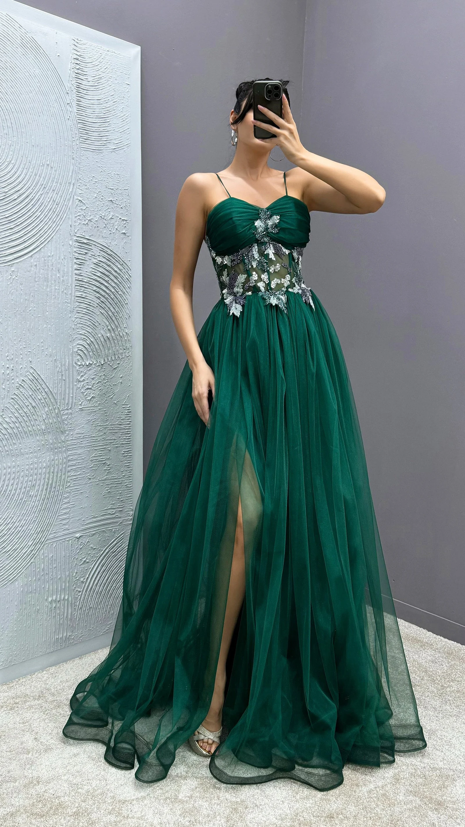 Rope Strap Waist Detail Transparent Tulle Evening Dress