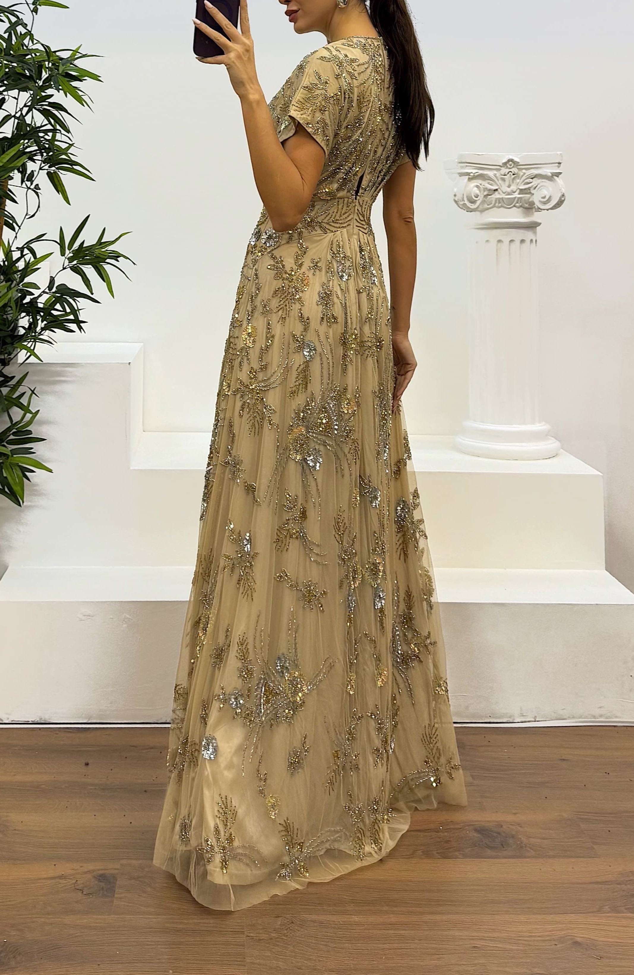 Back Detail Hand Embroidered Design Evening Dress