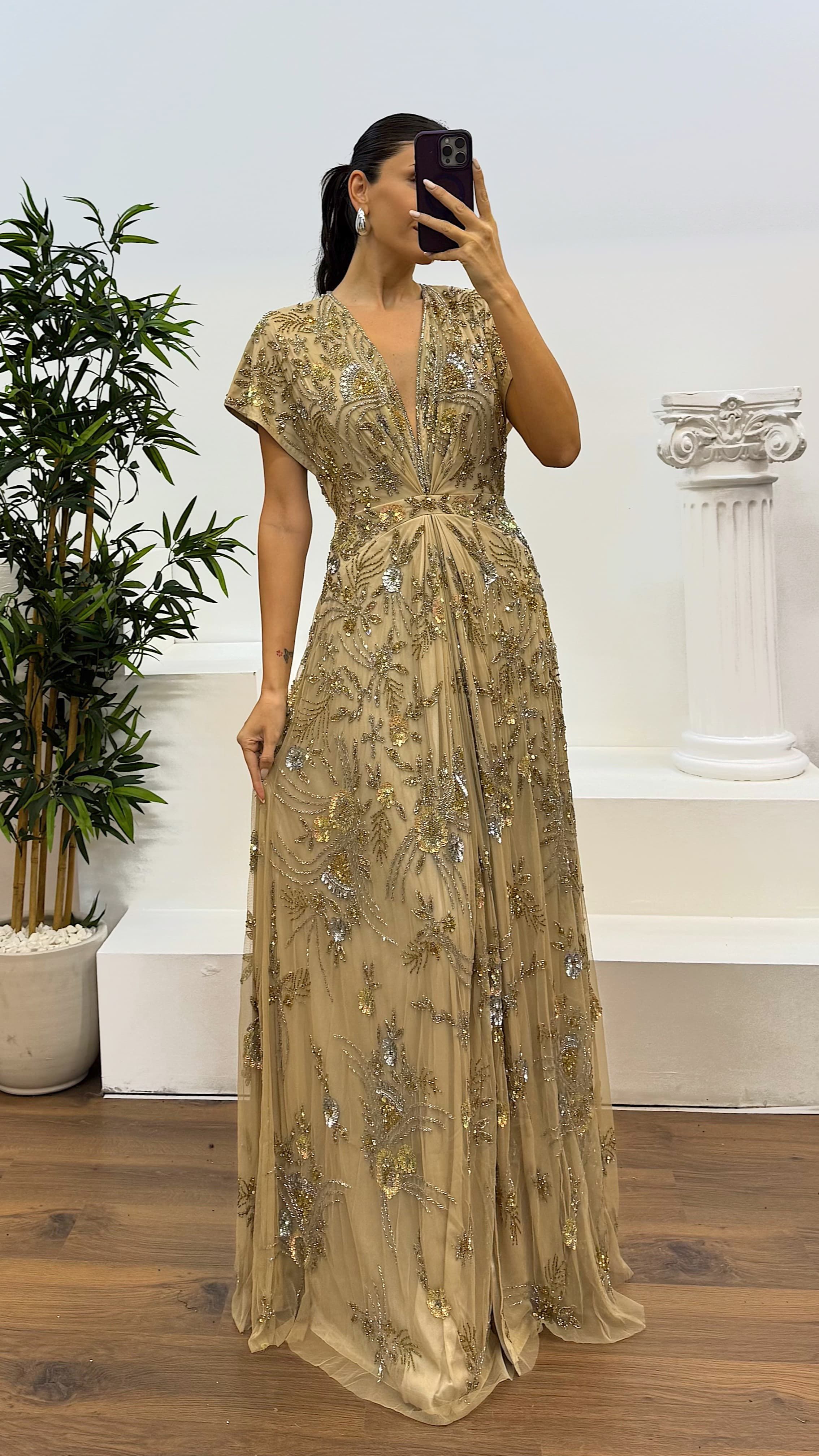 Back Detail Hand Embroidered Design Evening Dress