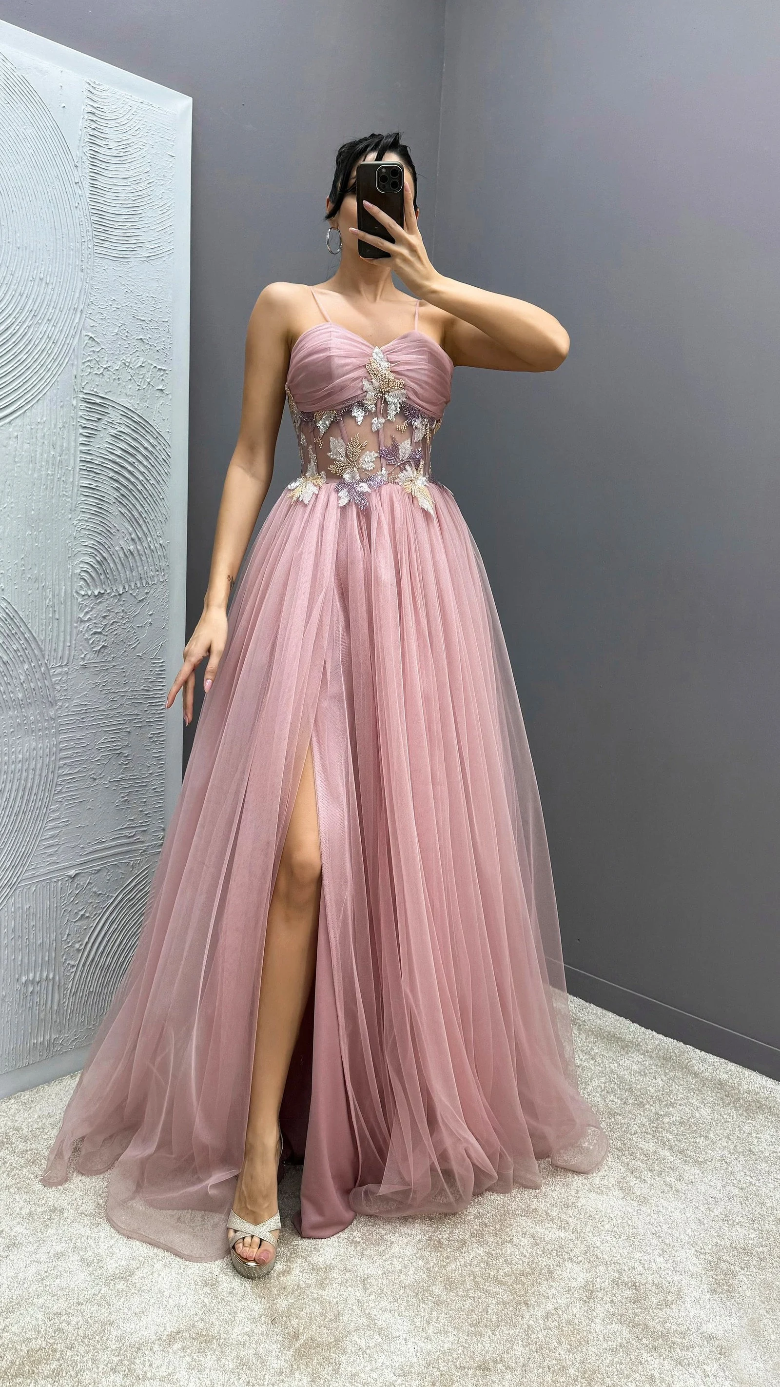 Rope Strap Waist Detail Transparent Tulle Evening Dress