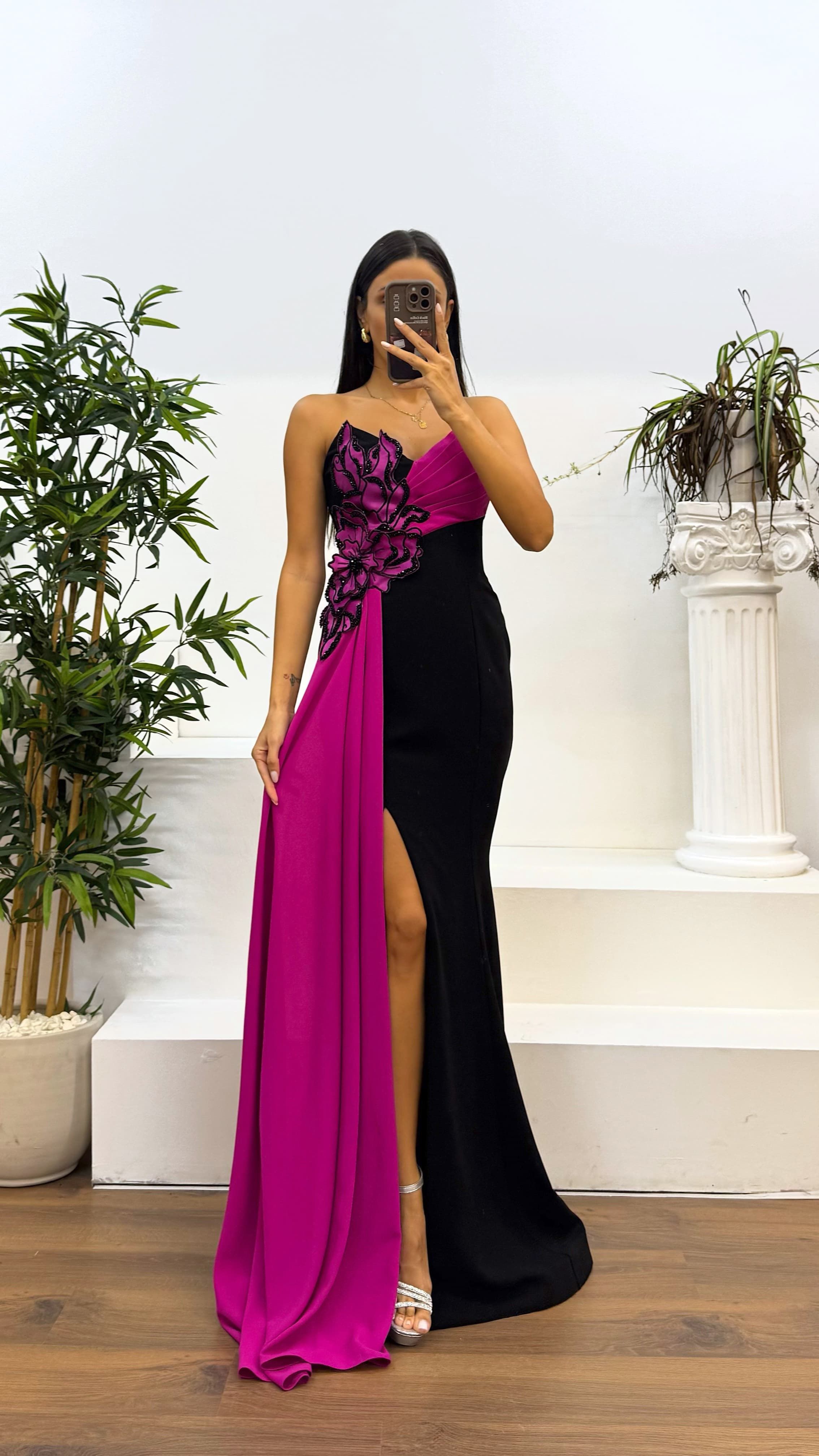 Strapless Floral Detail Evening Dress